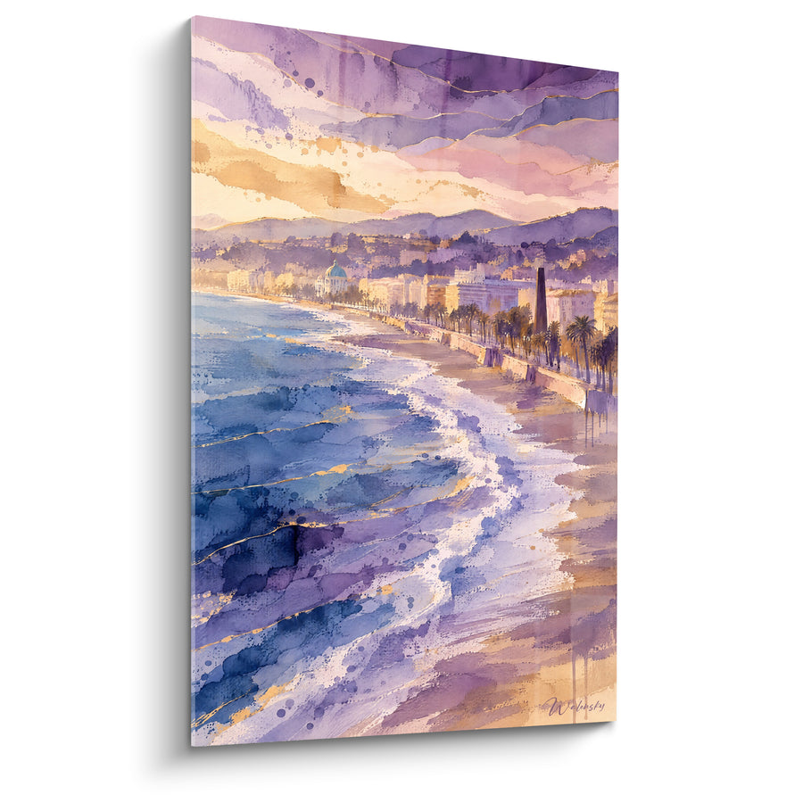Painting of a Winding Coastline in Blue and Violet with Aligned Palm Trees - Cathedral Dome - Edition Nice Provence-Alpes-Côte d’Azur France