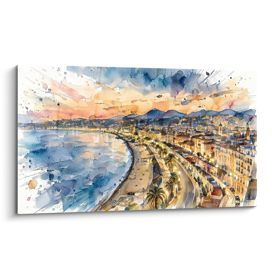 Painting of Baie niçoise at Sunset with Orange and Blue Tones - Evening Stroll - Edition Nice Provence-Alpes-Côte d'Azur France