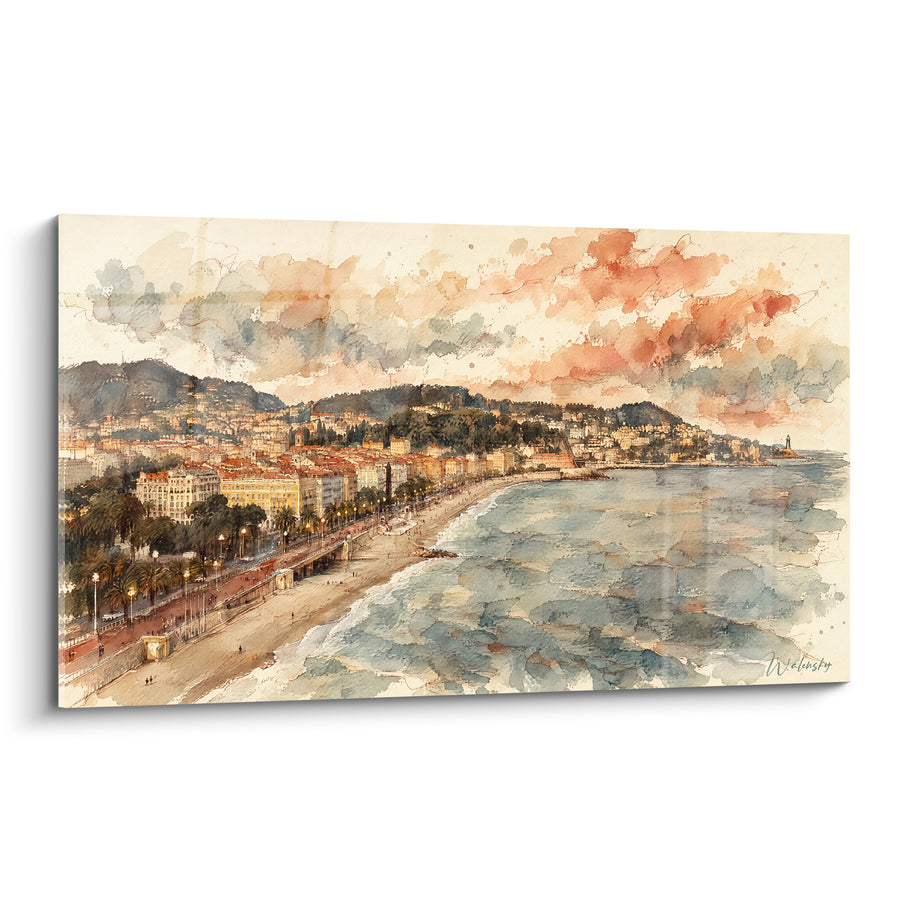 Tableau Baie niçoise aux teintes ocre et turquoise - Douceur du crépuscule - Edition Nice  Provence-Alpes-Côte d'Azur  France