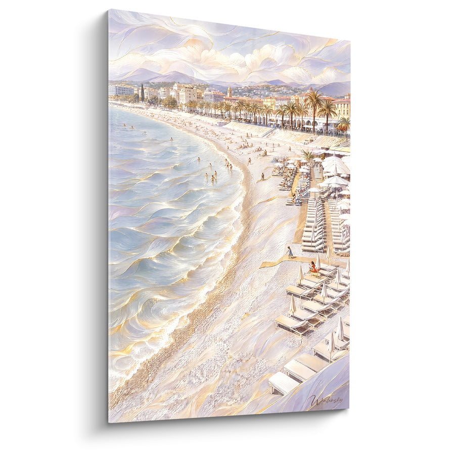 Painting White and Pale Blue Deckchairs in Rows on the Sand - Scattered Bathers on the Shore - Edition Nice, Provence-Alpes-Côte d'Azur, France