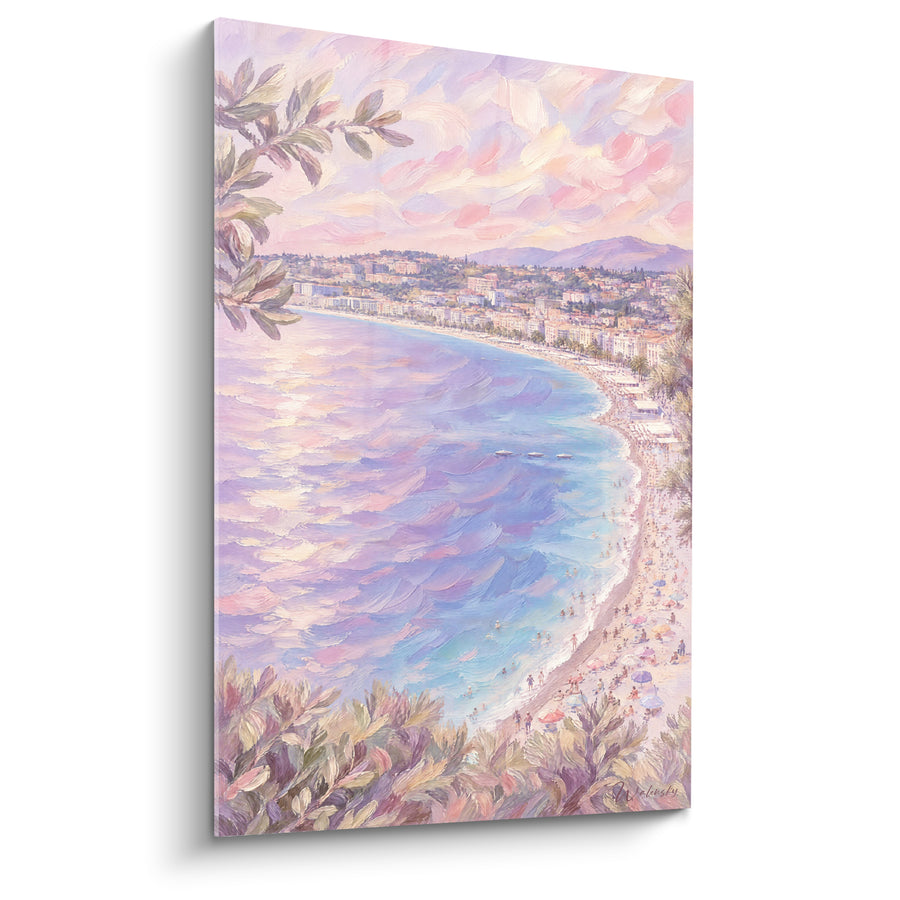 Schilderij Baie de Nice blauw roze levendig strand - Mediterrane zachtheid - Editie Nice Provence-Alpes-Côte d'Azur Frankrijk