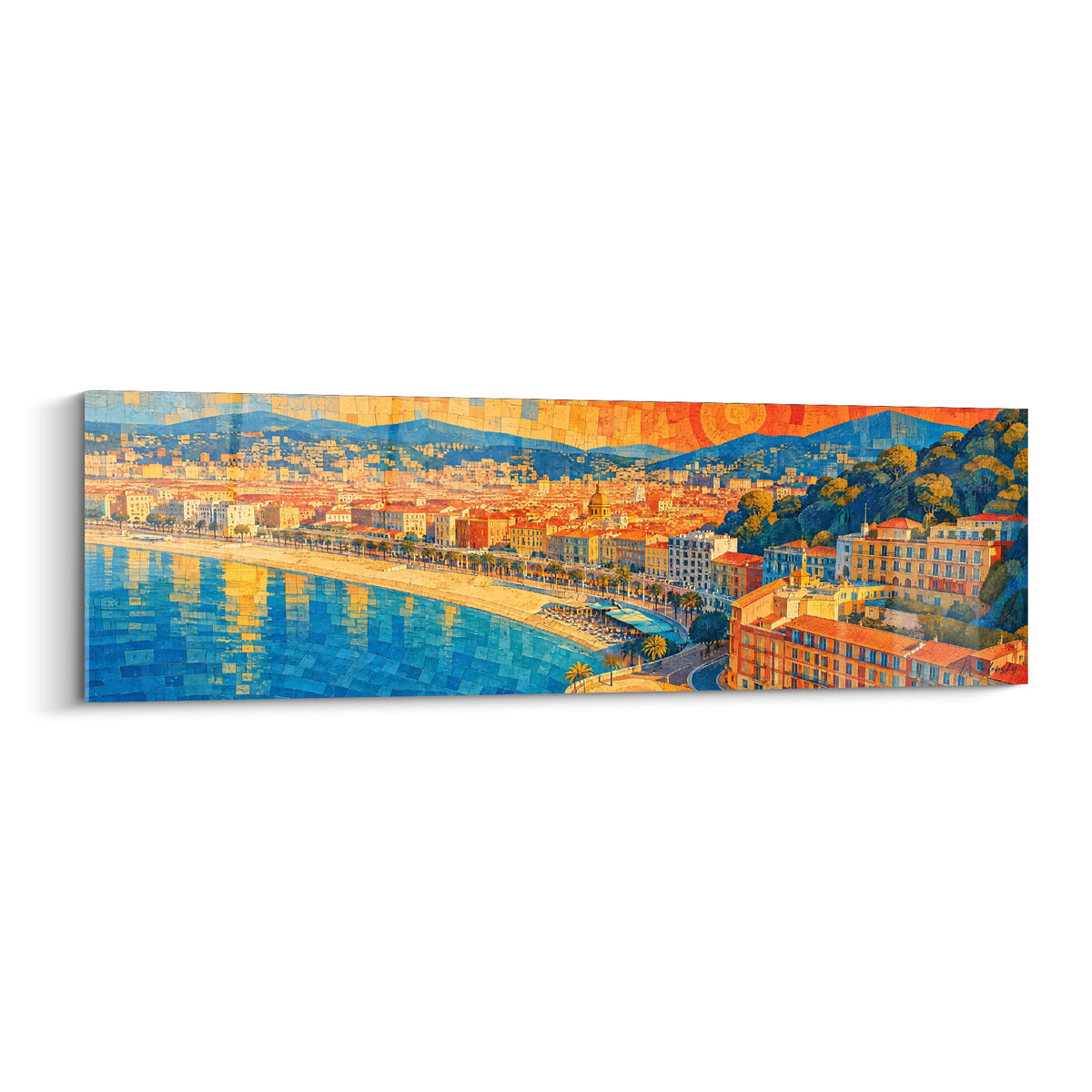 Baie de Nice bleu turquoise et orange flamboyant, panorama côtier stylisé façon mosaïque