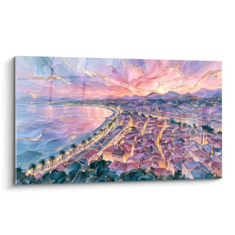 Painting of Baie niçoise at Pink and Gold Twilight - Glimmers of Twilight - Edition Nice Provence-Alpes-Côte d'Azur France