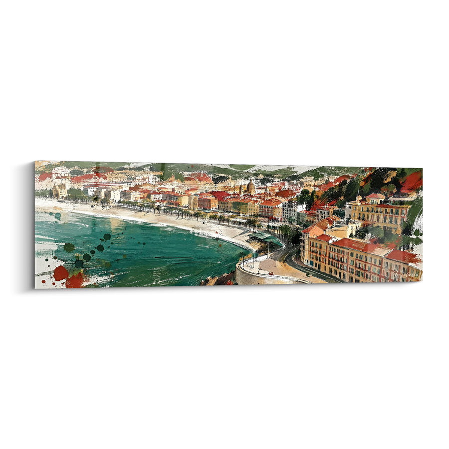 Painting Curved Beach in Emerald Green and Terracotta with Ink Splashes - Winding Coastal Road - Edition Nice Provence-Alpes-Côte d'Azur France