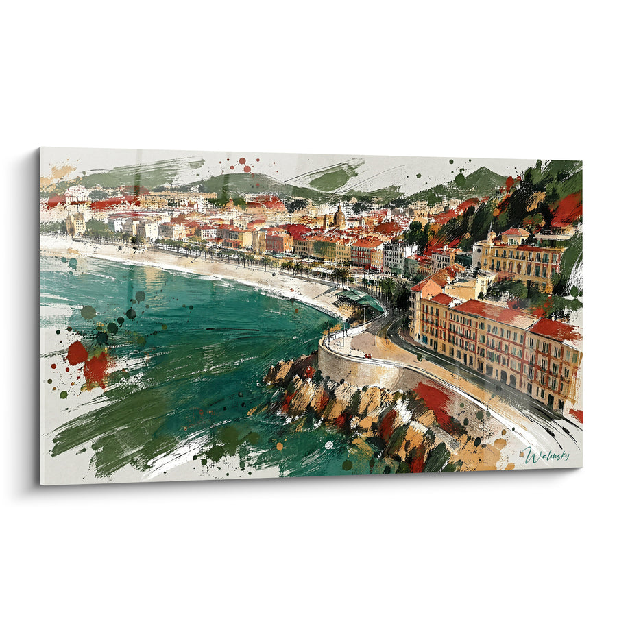 Painting of Baie niçoise Emerald Green and Terracotta with Splashes - Rocky Coastal Promontory - Edition Nice Provence-Alpes-Côte d'Azur France