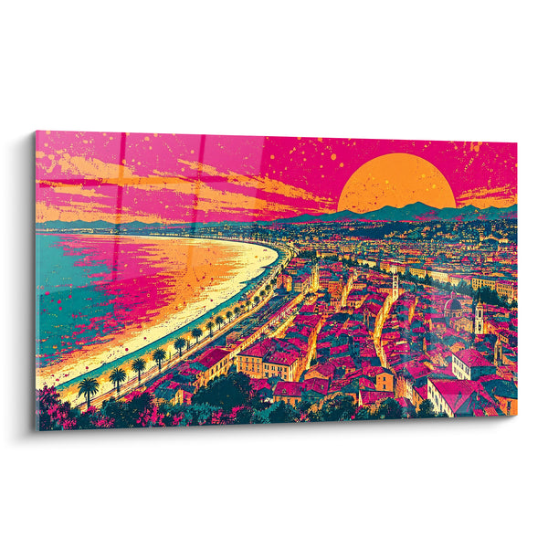 Tableau Soleil rond rose et orange sur la baie - Astre solaire flamboyant - Edition Nice  Provence-Alpes-Côte d'Azur  France