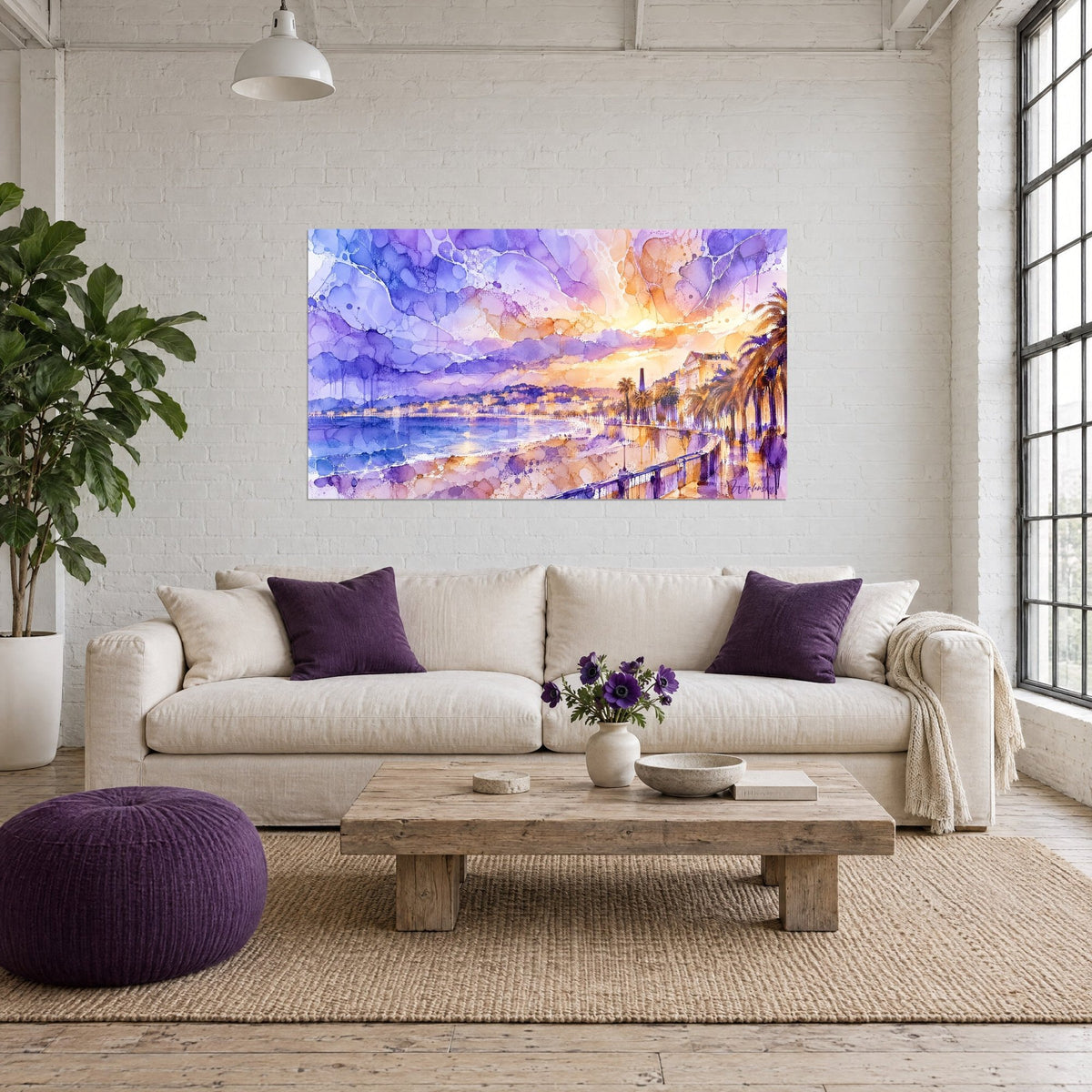 Wall art Nice seafront in violet and gold watercolor, ochre palm trees and drips, above a sofa in a bright living room