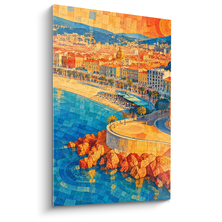 Schilderij Baie de Nice in mozaïek blauw en oranje - Gouden panorama van de baai - Editie Nice Provence-Alpes-Côte d'Azur Frankrijk