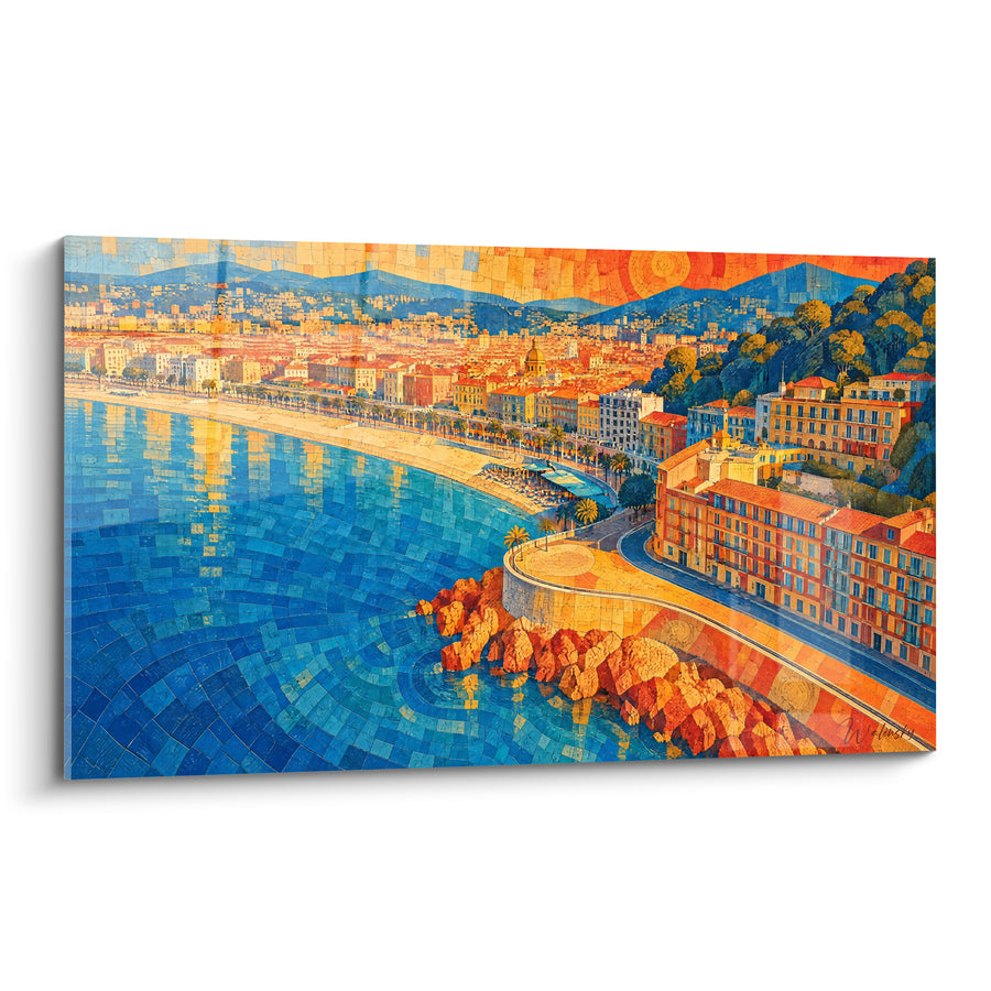 Tableau Baie urbaine bleu et orange en mosaïque - Lumière du soir - Edition Nice  Provence-Alpes-Côte d'Azur  France