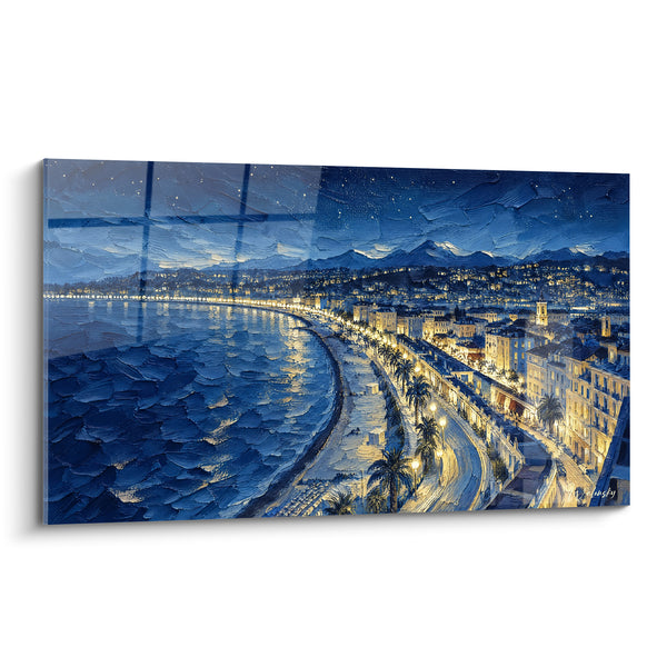Tableau Baie nocturne bleue et dorée aux palmiers - Nuit étoilée côtière - Edition Nice  Provence-Alpes-Côte d'Azur  France