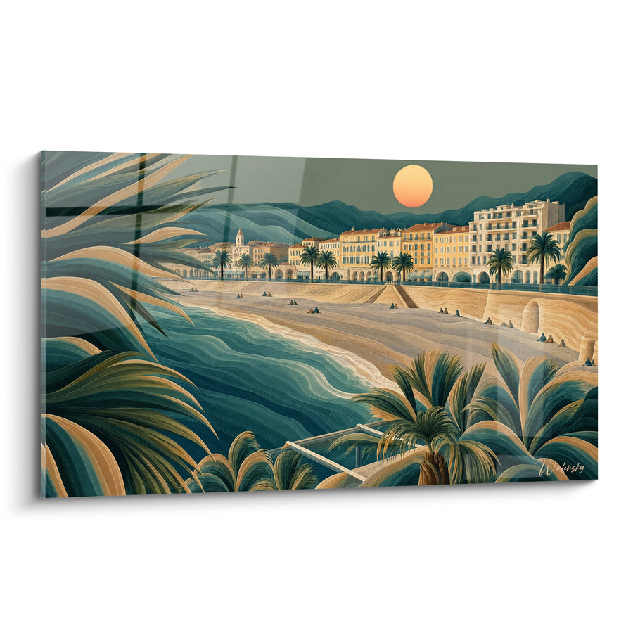 Painting of a winding beach with deep blue and golden sand under an orange sun - Agaves in the foreground - Edition Nice Provence-Alpes-Côte d'Azur France