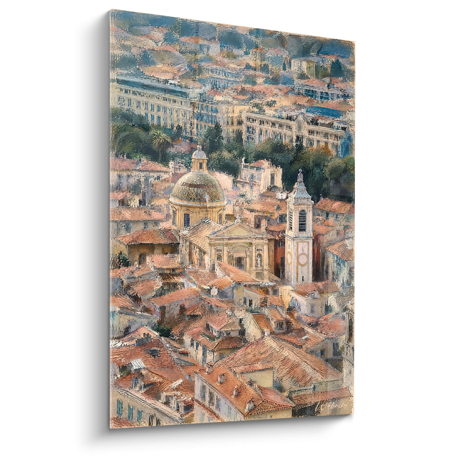 Schilderij Kathedraal en terracotta daken vanuit vogelperspectief - Panorama van de oude stad Nice - Editie Nice Provence-Alpes-Côte d'Azur Frankrijk
