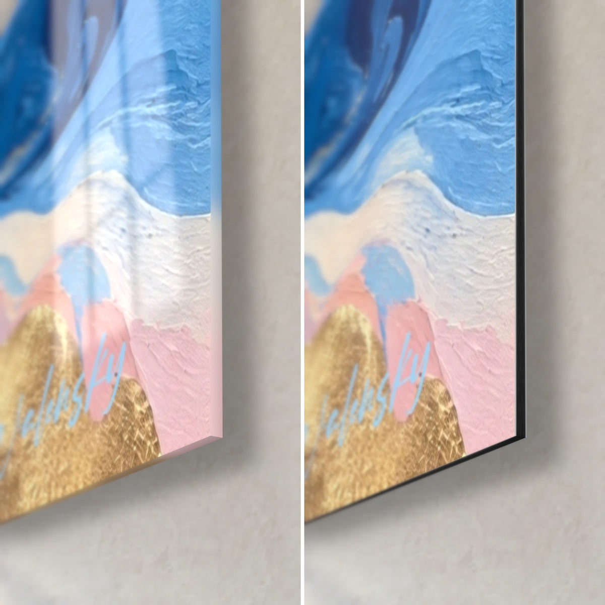Gemälde Nizza in Pudertönen von Blau und Gold, untere rechte Ecke: glänzendes Glas links, mattes Dibond rechts, 3 mm Kante
