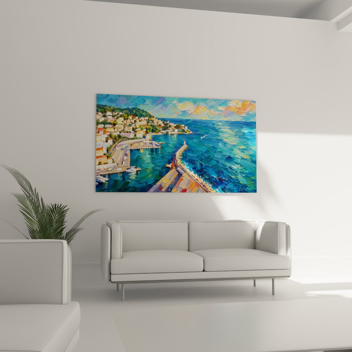 Vue de port côtier aux teintes bleu pastel et ocre, collines colorées, au-dessus d'un canapé dans un salon lumineux