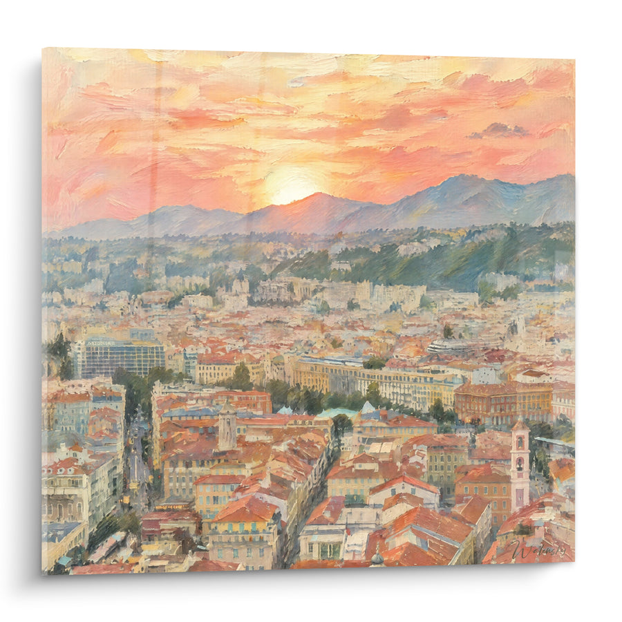 Tableau Panorama urbain aux toits orangés et ciel rosé - Lumière du crépuscule - Edition Nice  Provence-Alpes-Côte d'Azur  France