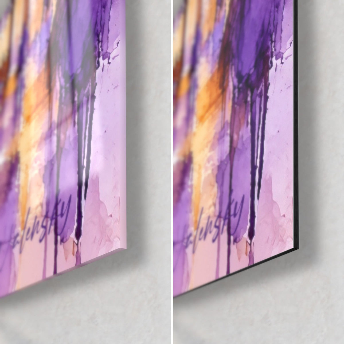 Wall art palm-lined promenade, bottom right corner: violet and orange drips, glossy glass on the left, matte Dibond on the right
