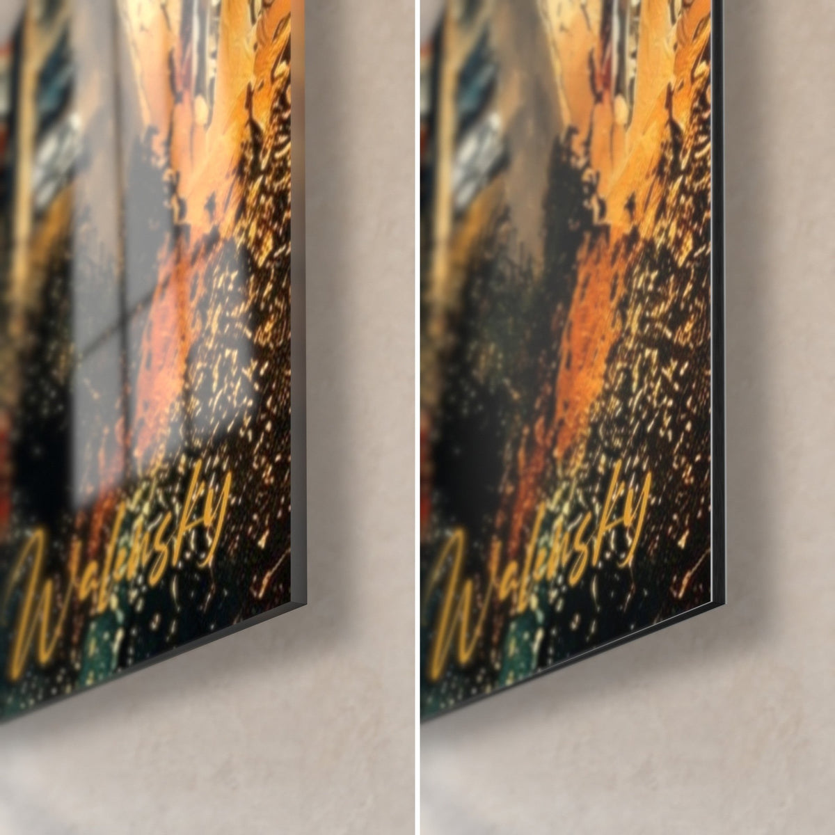Wall art Nice bay with golden and orange brushstrokes, bottom right corner: glossy glass on the left, matte Dibond on the right