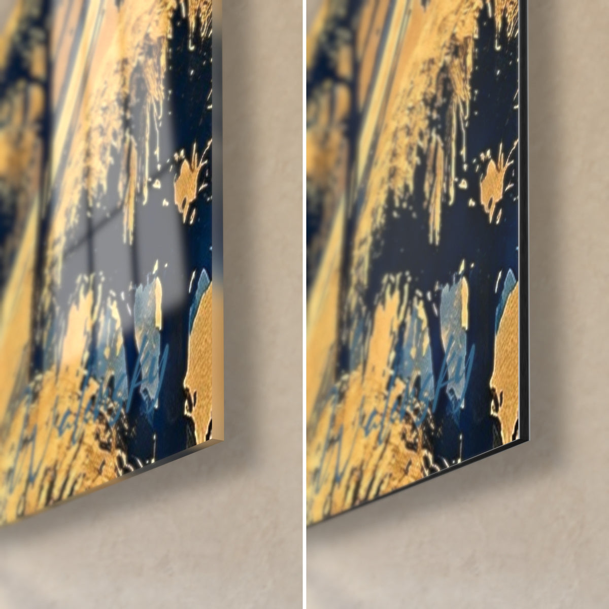 Gemälde Promenade des Anglais, untere rechte Ecke: glänzendes Acrylglas links, mattes Alu-Dibond rechts, Nachtblau und Gold