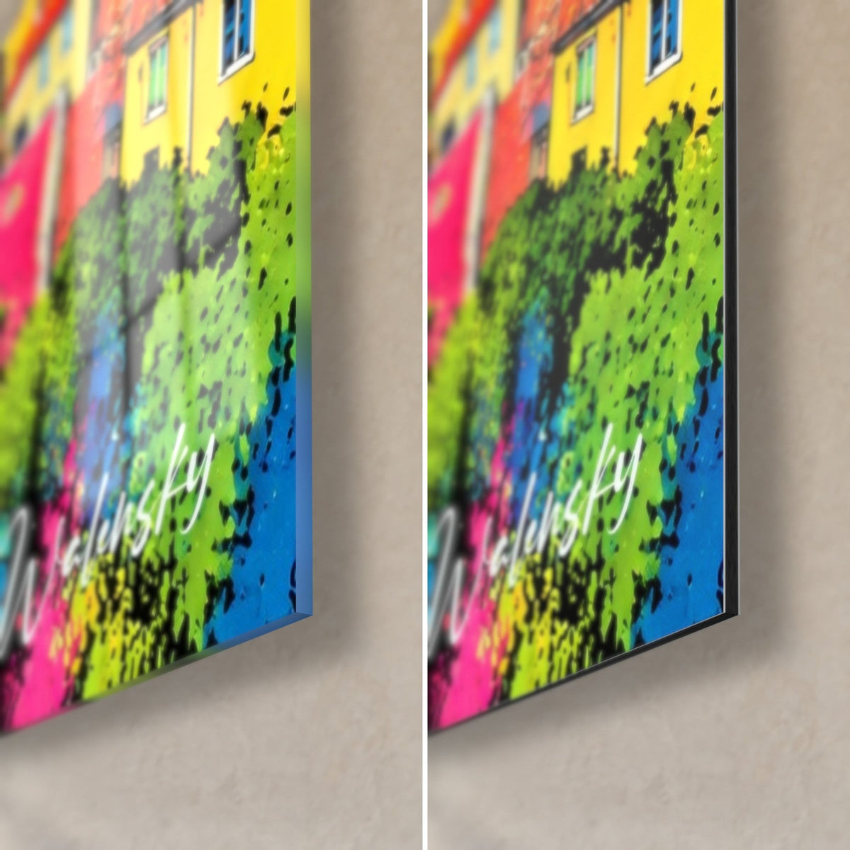 Gemälde Stadt im Pop-Art-Stil, untere rechte Ecke mit grünem Laub und rosa Akzenten, glänzendes Glas links, mattes Dibond rechts