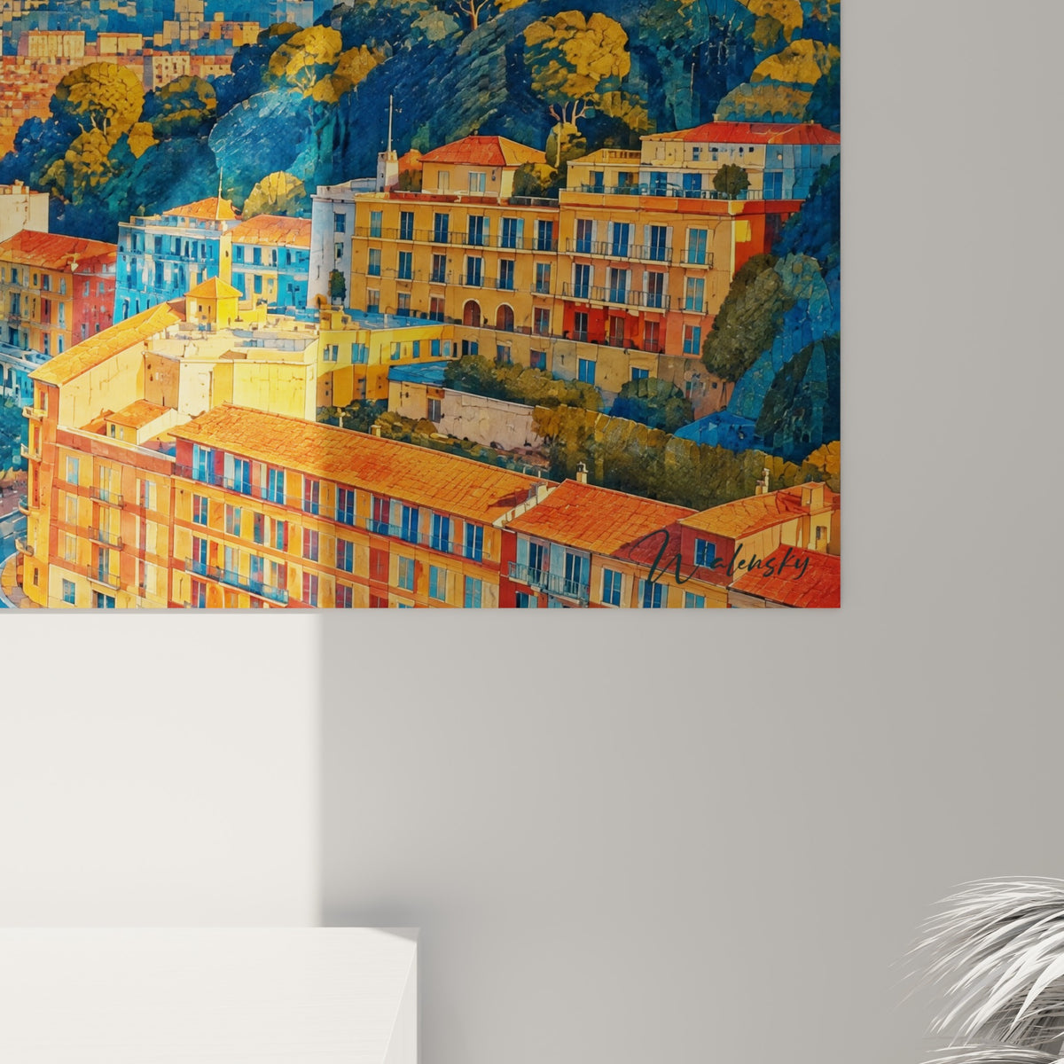 Détail des touches mosaïquées orangées et bleu turquoise illustrant le grain de l'œuvre niçoise