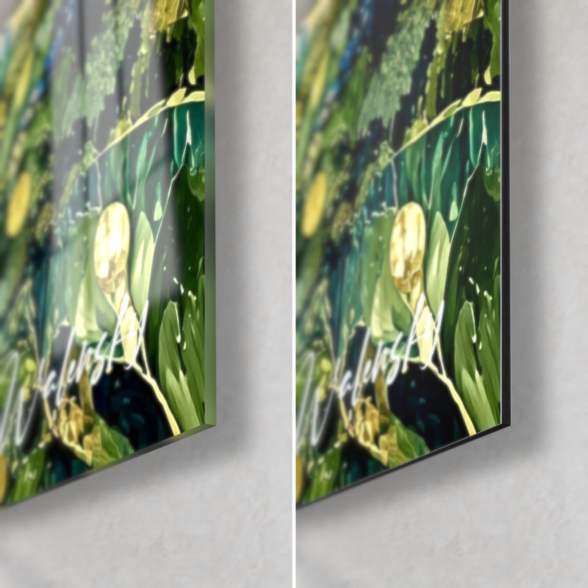 Wall art dark green foliage with golden discs, bottom right corner, glossy glass on the left, matte Dibond on the right, 3 mm edge