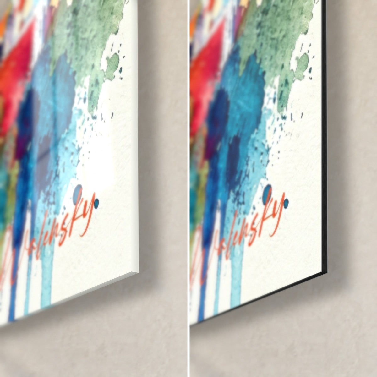 Wall art of a view of Nice, bottom right corner: glossy acrylic with reflections on the left, matte Dibond aluminum on the right, blue drips, 3 mm edge