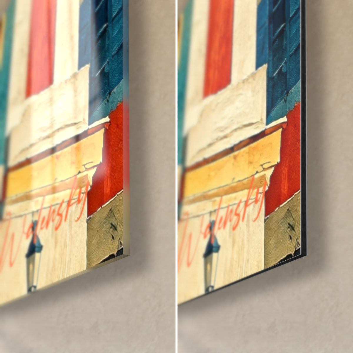 Quadro torre dell'orologio dalle pennellate spesse, angolo in basso a destra: vetro acrilico lucido a sinistra, Dibond opaco a destra