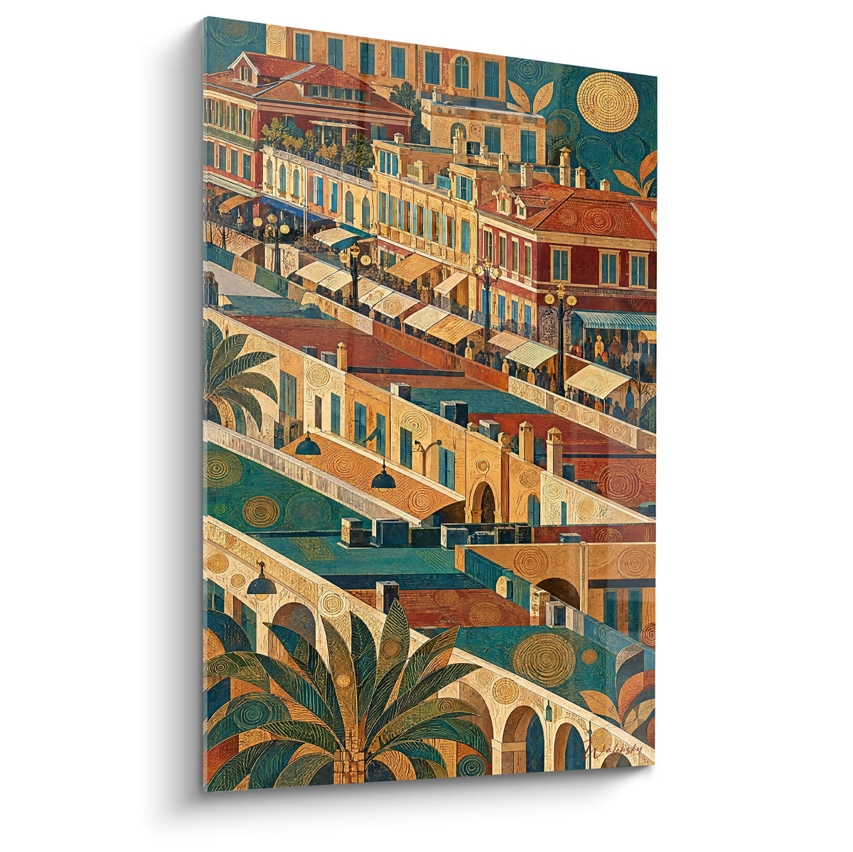 Quadro facciate ocra e terracotta di Nizza sotto un cielo blu petrolio, palma e motivi dorati stilizzati