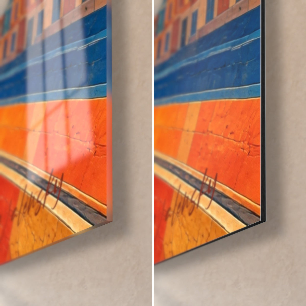 Quadro Nizza in mosaico, angolo in basso a destra: vetro lucido a sinistra, alluminio Dibond opaco a destra, arancio e blu, spessore 3 mm