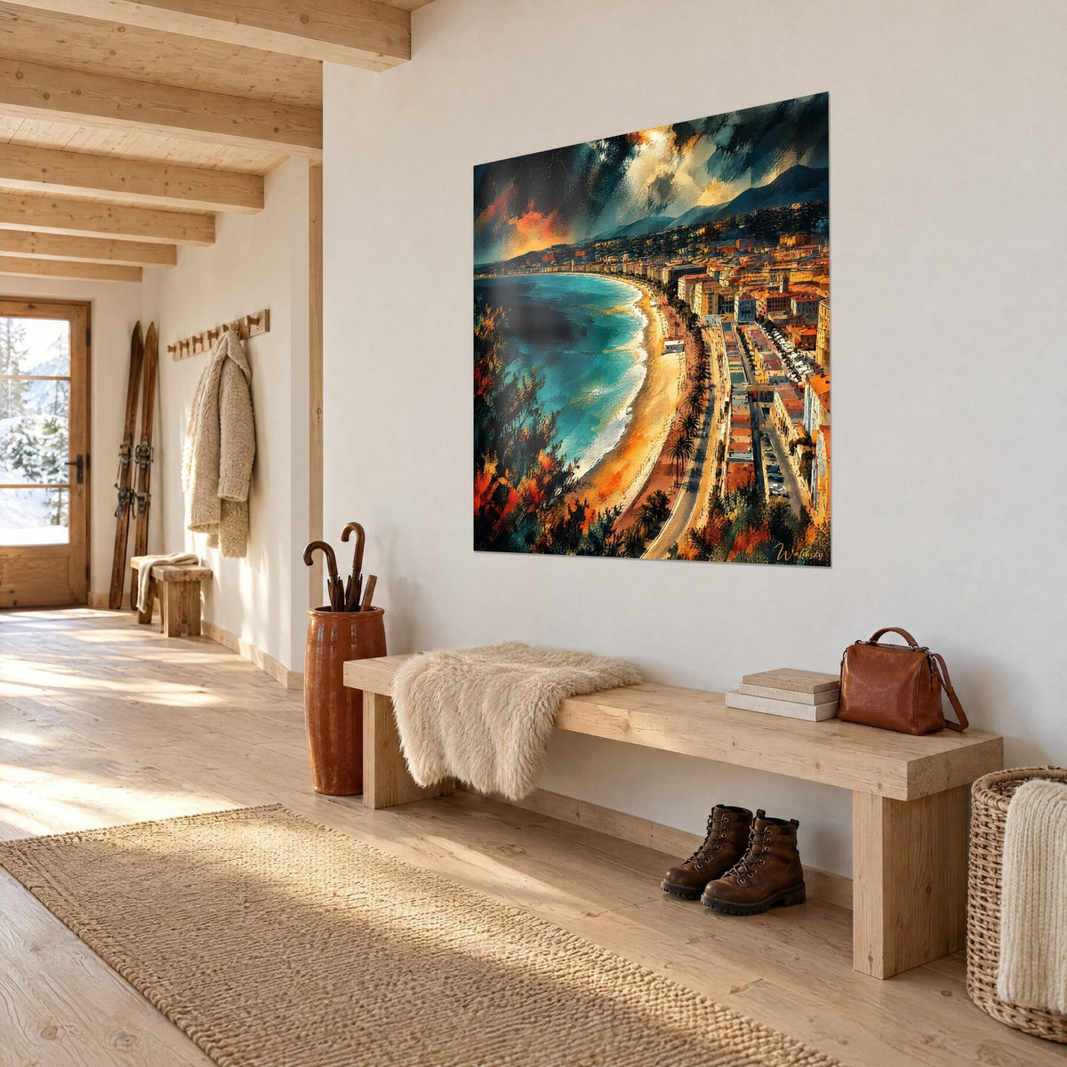 Wall art palm-lined promenade, terracotta rooftops and turquoise sea under dark clouds, white wall of a chalet entrance