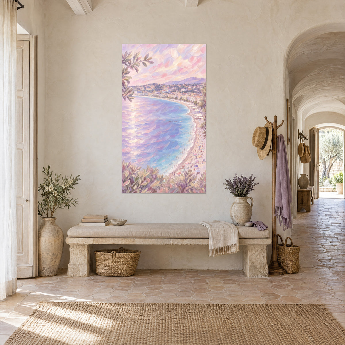 Quadro Promenade des Anglais in tocchi pastello, acqua lavanda e turchese, vista di tre quarti in un casale provenzale