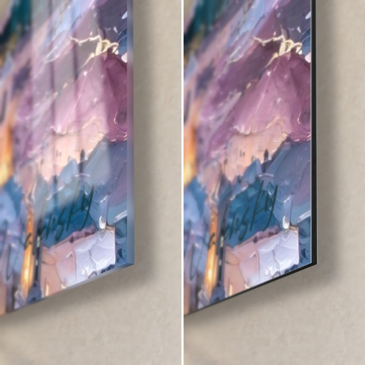 Schilderij stad aan het water, rechterhoek onderaan: glanzend glas links, mat Dibond rechts, rand van 3 mm