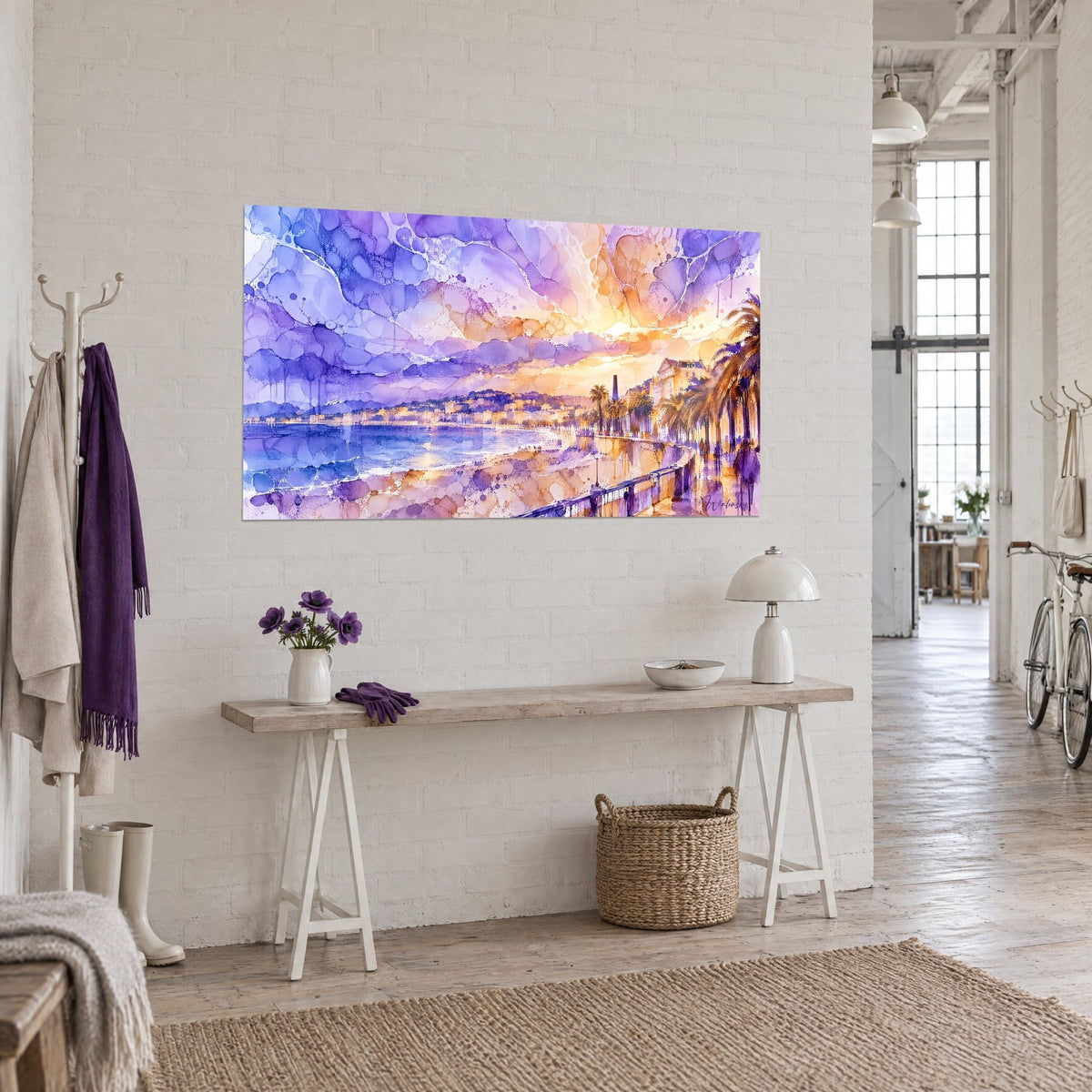Wall art Bay of Nice at sunset, lavender and apricot ink clouds, yellow facades, three-quarter view in an artist's loft