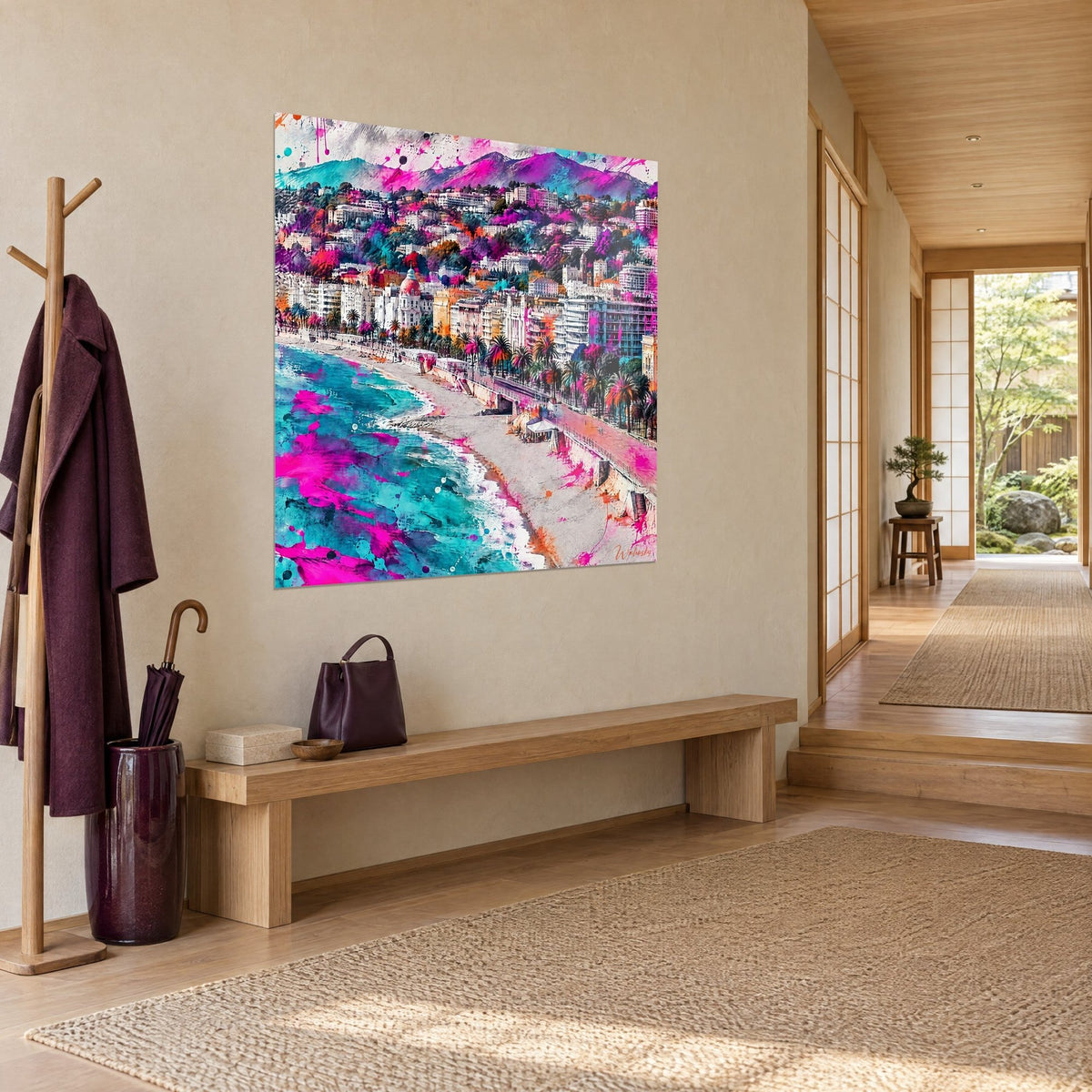 Wall art panorama of Nice with white buildings and hills splashed in magenta and orange, three-quarter view in the entrance hall