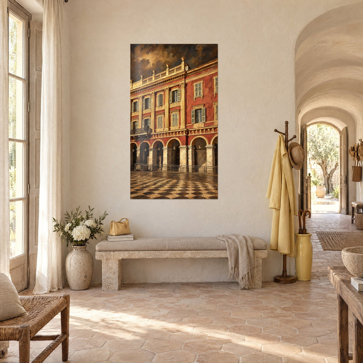 Cuadro palacio de Niza con postigos verdes y balaustrada dorada, suelo en damero marrón y crema, vista de tres cuartos en una masía provenzal
