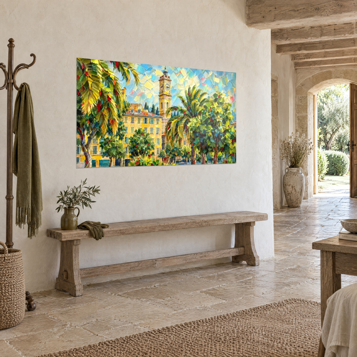 Wall art ochre clock tower rising above a yellow facade, emerald palms and turquoise sky, hung in a stone entrance hall