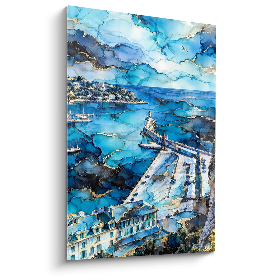 Schilderij Mediterrane haven blauw en goud op steiger - Ontwaking van de haven - Editie Nice Provence-Alpes-Côte d'Azur Frankrijk