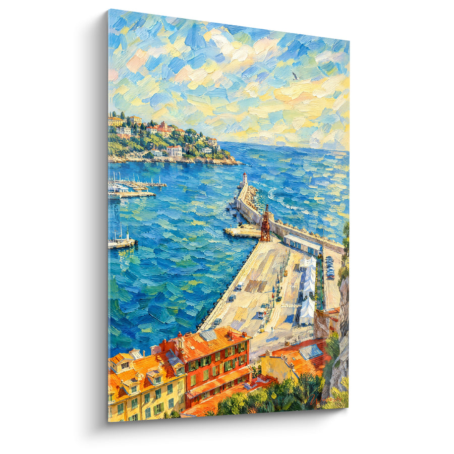 Blue and Orange Jetty towards a Distant Lighthouse - Quayside with Moored Sailboats - Edition Nice Provence-Alpes-Côte d’Azur France