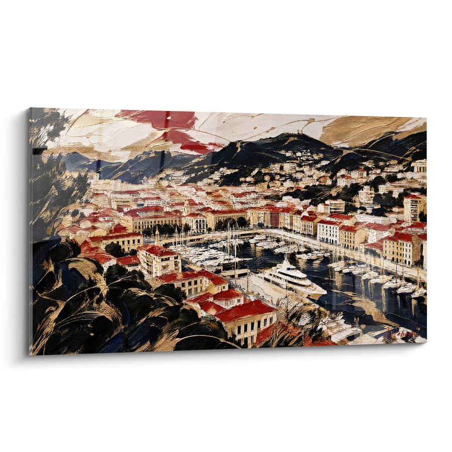 Painting Mediterranean Port with Red and Gold Roofs - Coastal Escape - Edition Nice Provence-Alpes-Côte d'Azur France