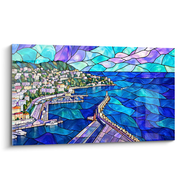 Schilderij Mediterrane haven blauw en turquoise glas-in-lood - Mediterrane ontwaking - Editie Nice Provence-Alpes-Côte d'Azur Frankrijk