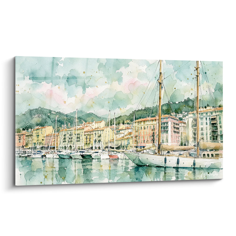 Painting Sailing Boat Harbor Ochre and Teal - Peaceful Stopover - Edition Nice Provence-Alpes-Côte d'Azur France