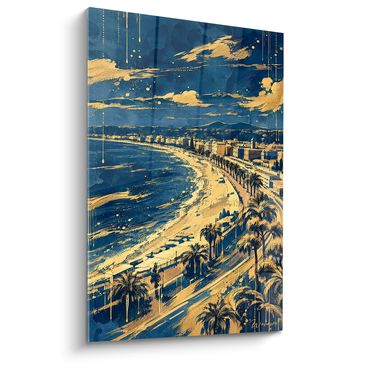 Πίνακας Promenade des Anglais της Νίκαιας σε ναυτικό μπλε και χρυσό, φοίνικες και ο καμπύλος κόλπος από ψηλά