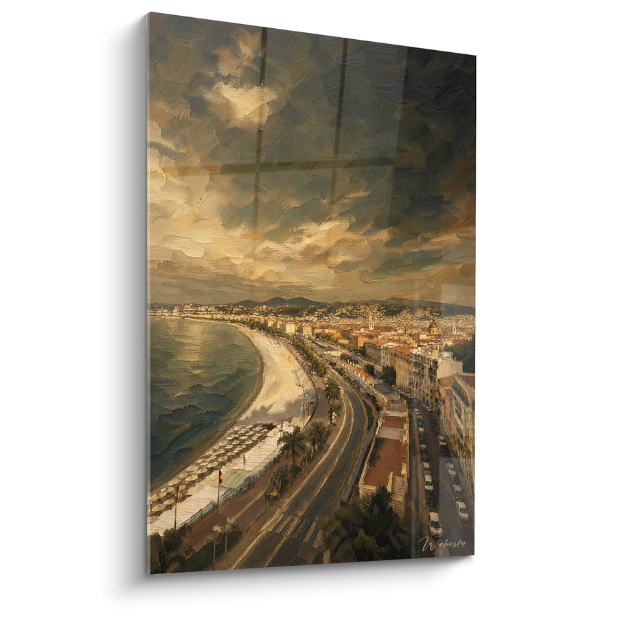 Painting Promenade des Anglais ochre and emerald - Calm before the storm - Edition Nice Provence-Alpes-Côte d'Azur France