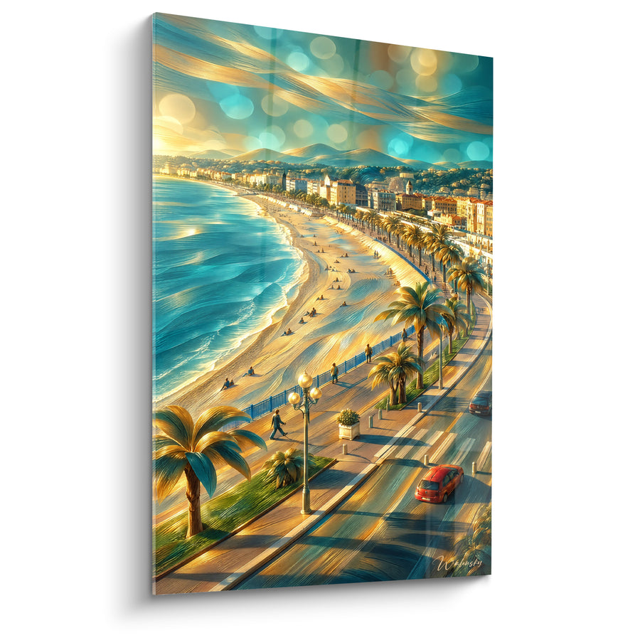 Wanddecoratie Gouden Turquoise en Zand Landschap aan de Weg - Rode Auto op de Avenue - Editie Nice Provence-Alpes-Côte d'Azur Frankrijk
