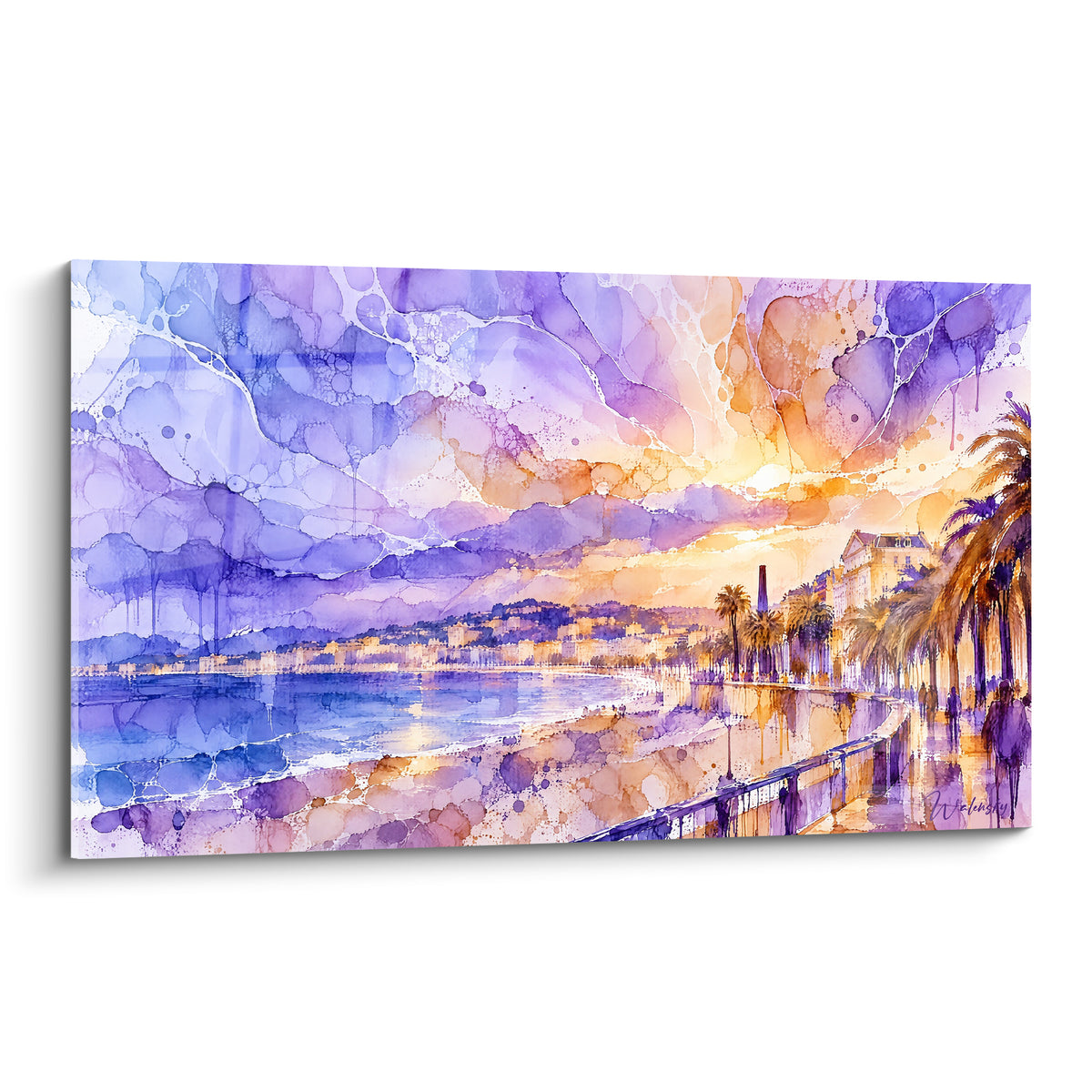 Wall art Promenade des Anglais in Nice in violet and gold watercolor, bay and palm trees at dusk