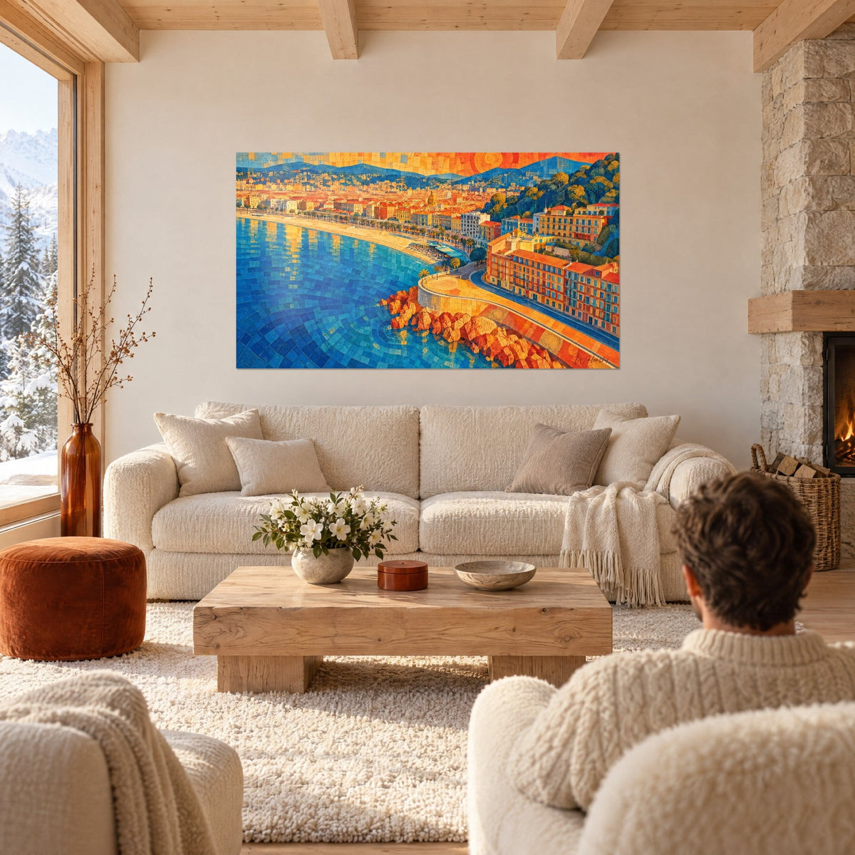 Cuadro bahía urbana en mosaico azul y naranja, fachadas ocre y roca roja, encima de un sofá en un salón luminoso