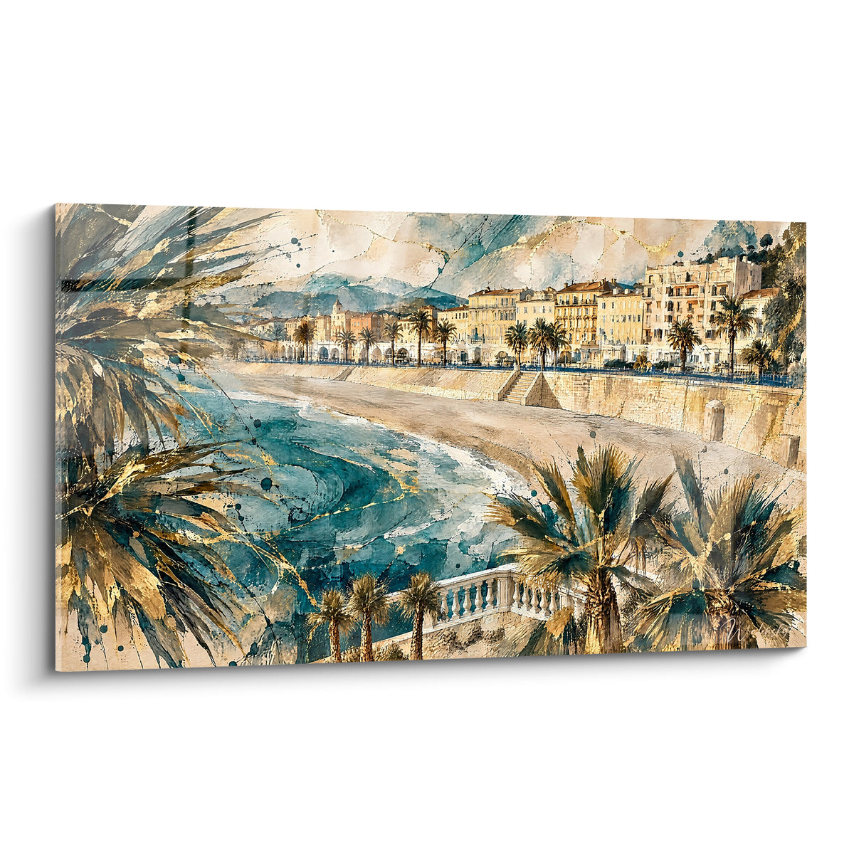 Promenade de Nice en aquarelle, bleu turquoise et doré, palmiers stylisés et balustrade blanche au premier plan