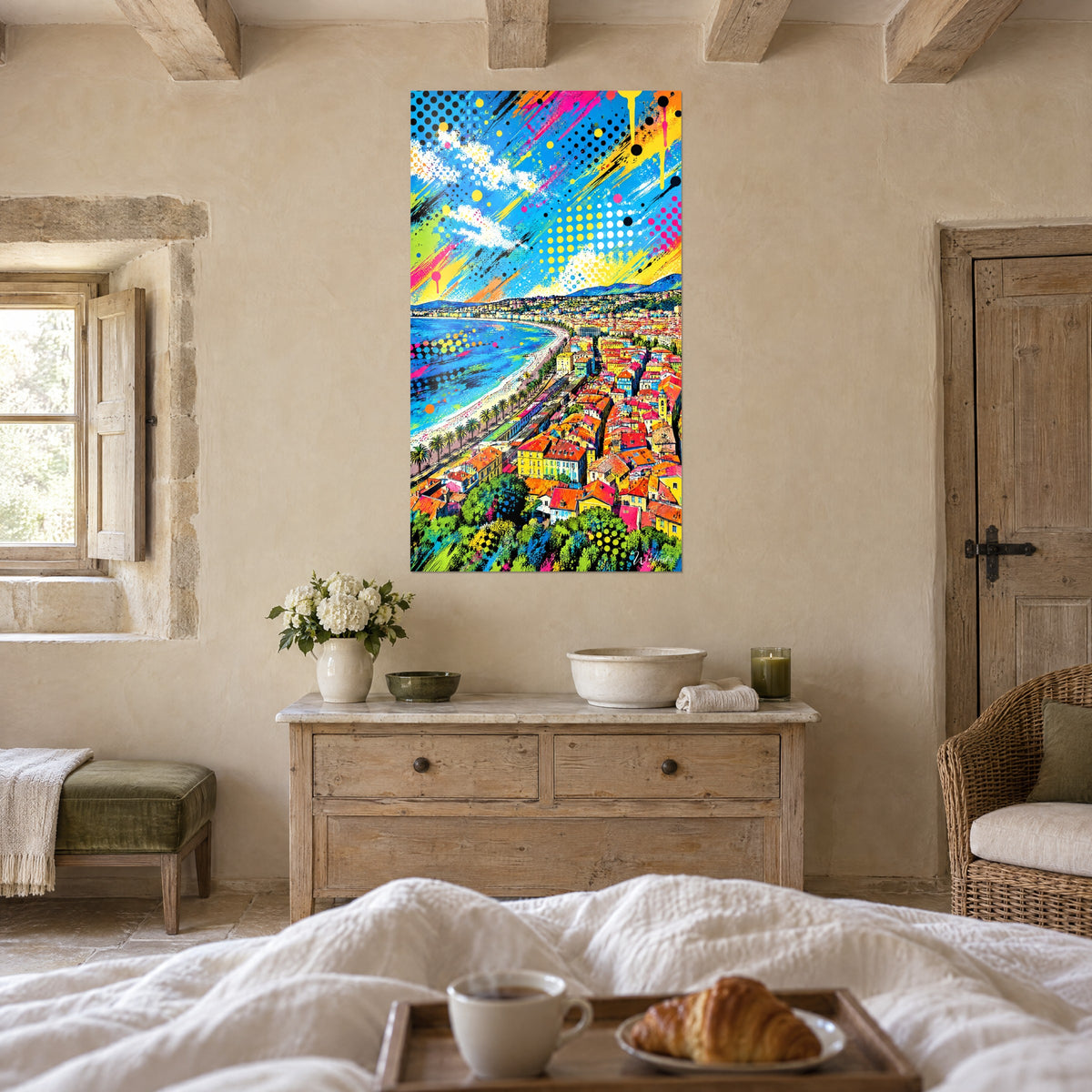 Wall art Nice seafront, curved turquoise beach and yellow facades with red roofs, one person seen from behind above a bed in a light bedroom