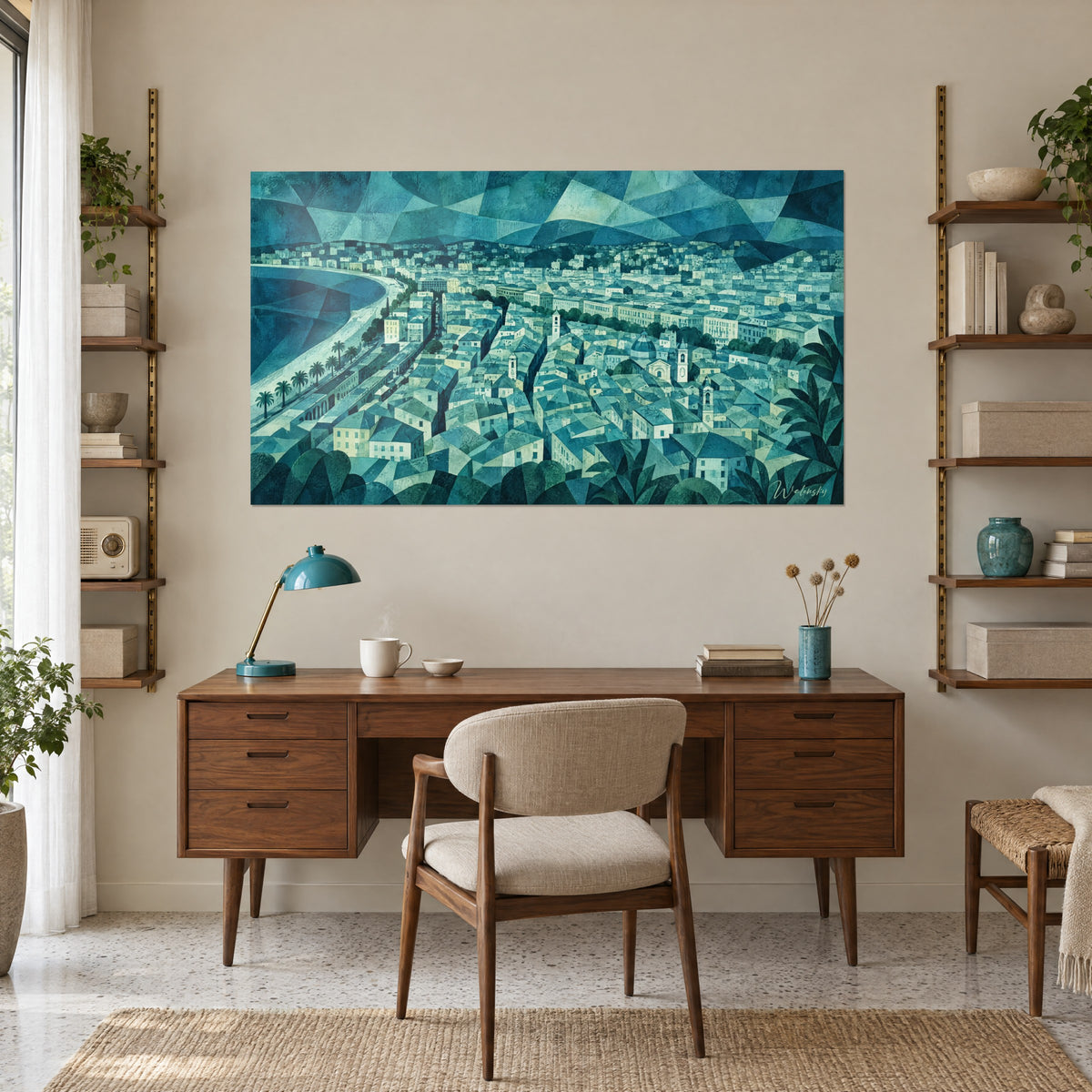 Gemälde Stadtlandschaft der Côte d'Azur in Gletscherblau und Waldgrün, dichte Gassen, an der Wand eines Büros mit dunklem Holz