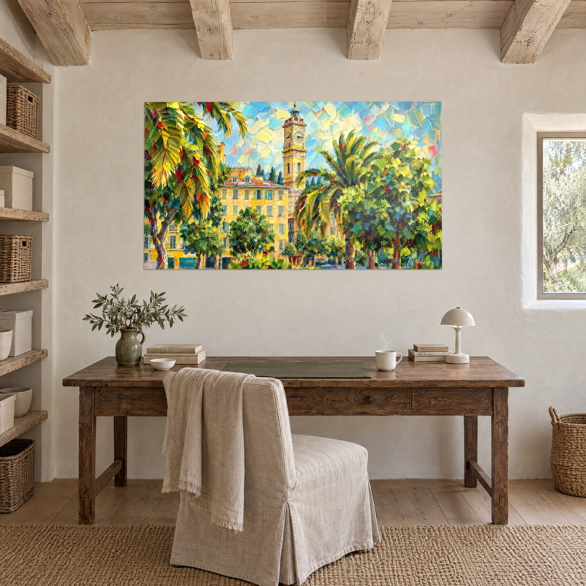Wall art ochre bell tower and vivid green palm fronds in palette-knife strokes, pastel blue sky, hung above a wooden desk
